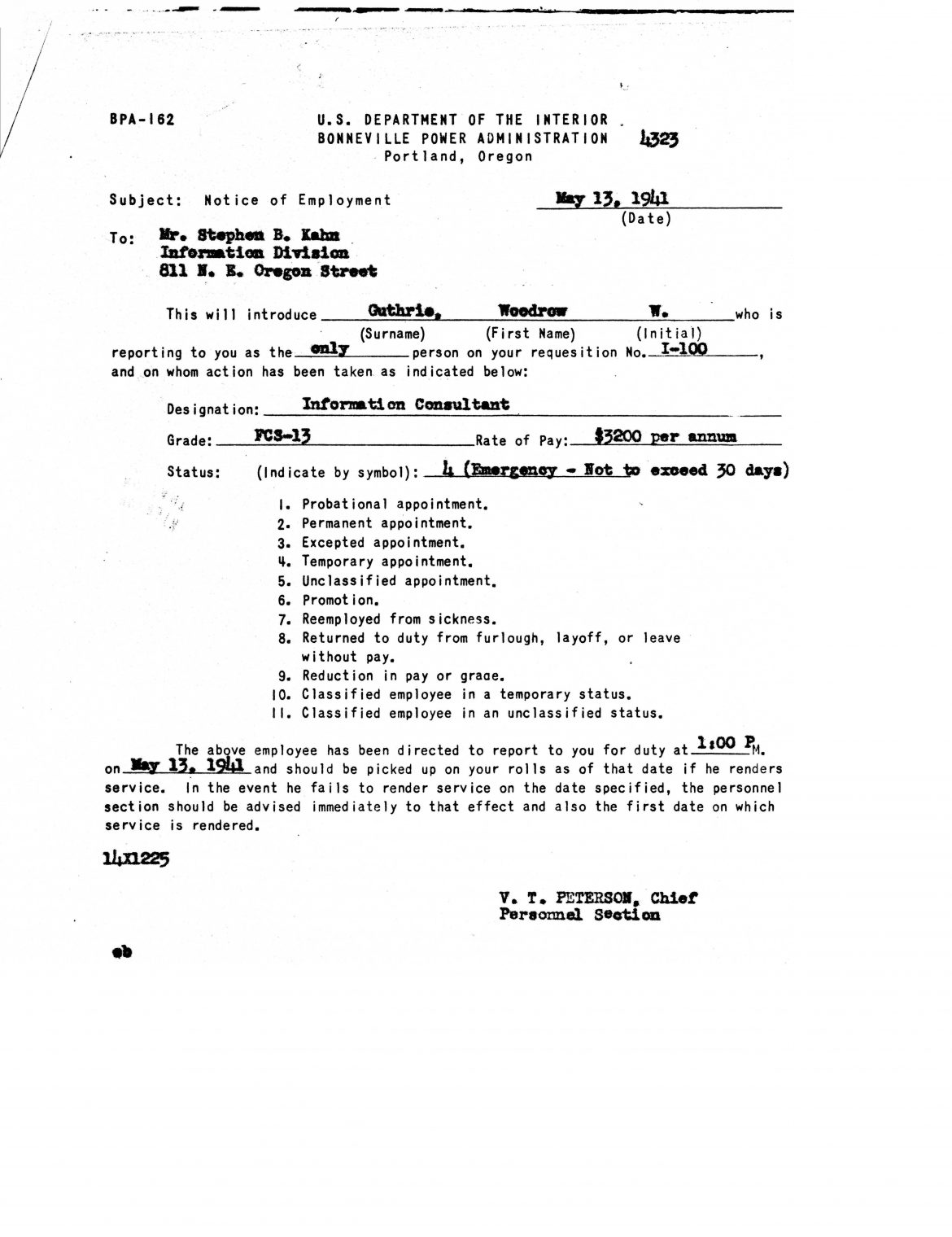 Woody Guthrie's Emergency Appointment as an Information Consultant at the BPA (courtesy of the BPA)