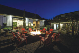The inn’s courtyard with a firepit and lounge.