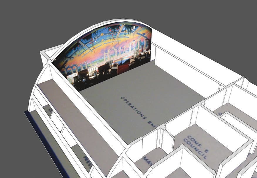 A three-dimensional model of the upper floor of the facility. Henk Pander’s mural fills the Operations Room wall.