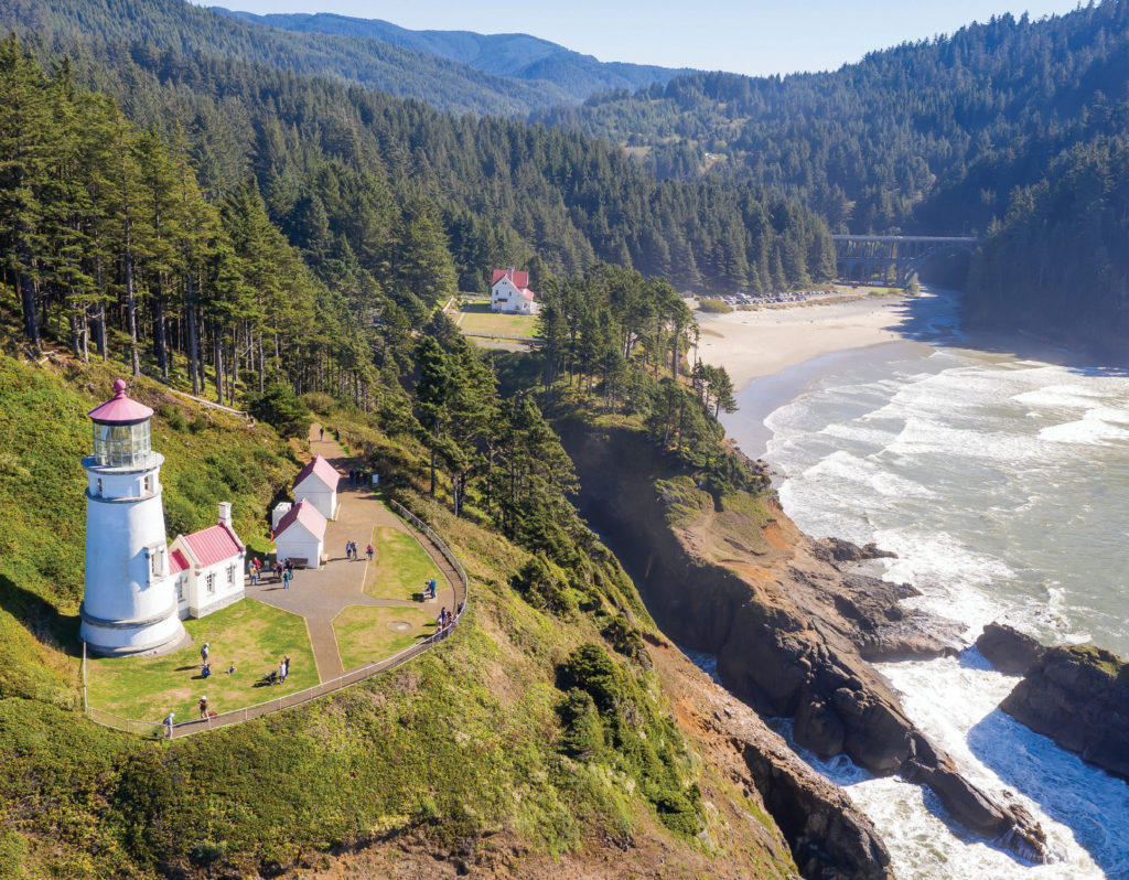 Heceta Head Lighthouse, named for a Basque explorer in the 18th century, stands 1,000 feet over the Pacific while being surrounded by a salal meadow.