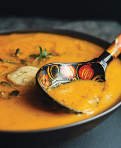 A roasted carrot soup with miso butter is carrot comfort food for fall.