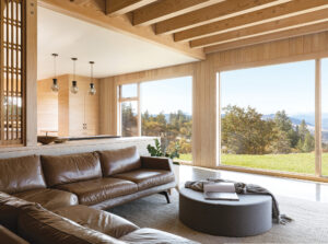 Natural fibers and warm colors follow the aesthetic of the Columbia Gorge below this Mosier home.