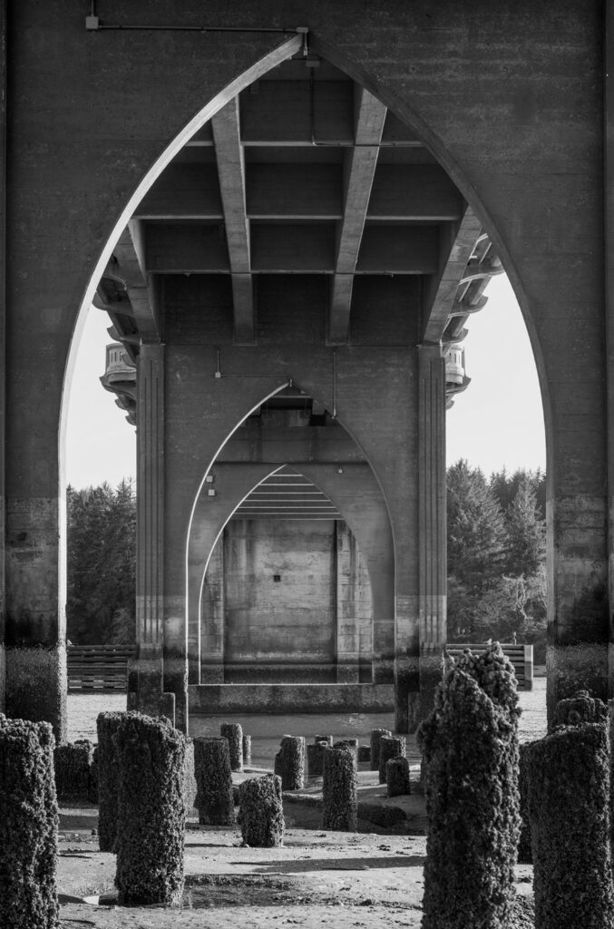 The Siuslaw River Bridge at Florence seamlessly combines aspects of Gothic and Art Deco style.