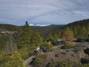 Cog Wild mountain bikers ride Farewell Trail in Bend near Tumalo Falls.