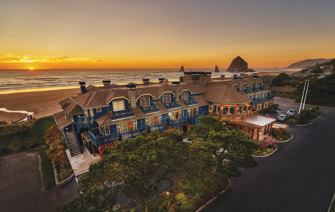 The Stephanie Inn at sunset and overlooking Haystack Rock.