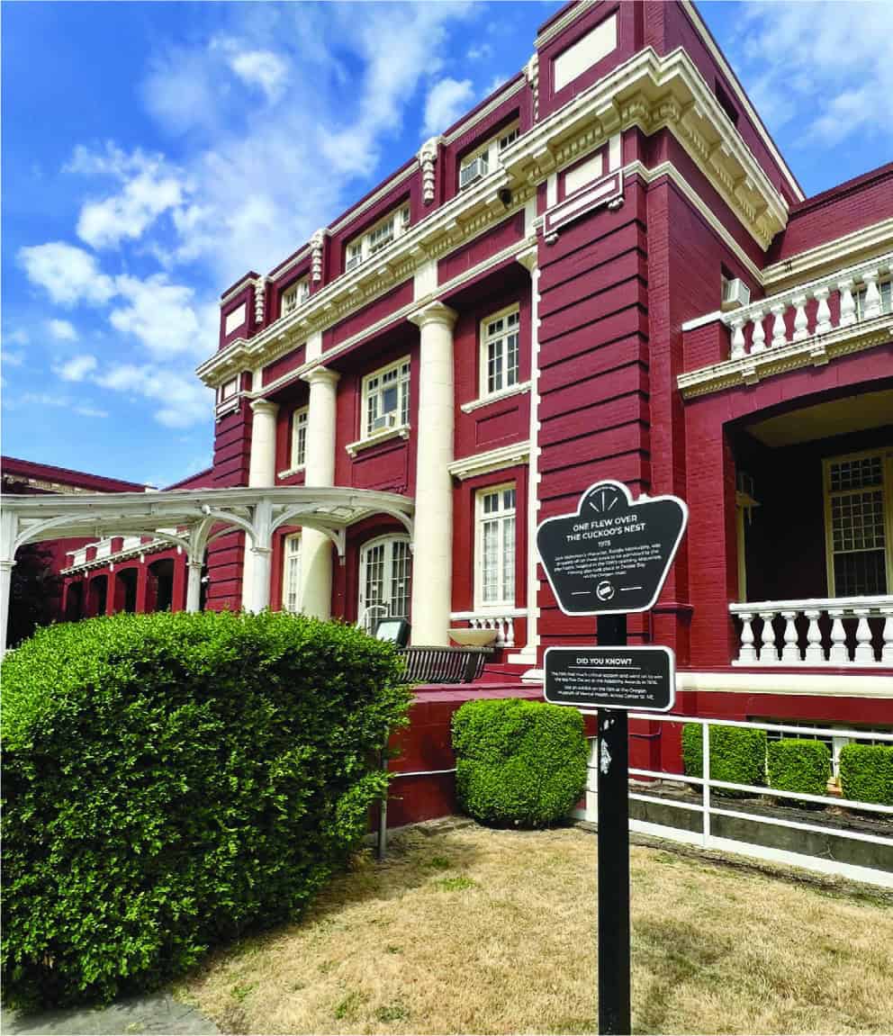 The 1975 film One Flew Over the Cuckoo’s Nest was largely filmed at Oregon State Hospital in Salem. In the film, Jack Nicholson’s character arrives at the hospital via these steps.