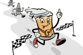 Happy beer mug cartoon character winning race with medals, racing to finish line, celebrating success, in a playful illustration for Oregon lifestyle, beverages, and local culture.