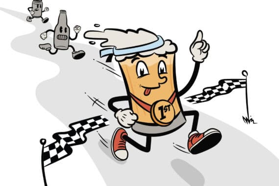 Happy beer mug cartoon character winning race with medals, racing to finish line, celebrating success, in a playful illustration for Oregon lifestyle, beverages, and local culture.