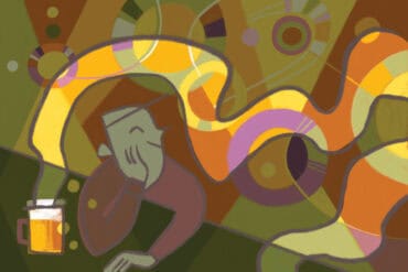 A person with short hair relaxing at a bar with their hand on their face and a beer mug nearby, surrounded by vibrant, colorful abstract art, capturing the essence of Oregon's art and culture scene.