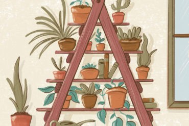 A cozy indoor garden scene featuring an easel-style shelf holding multiple potted plants, including succulents and cacti, with natural light from a nearby window, capturing the essence of Oregon lifestyle and gardening culture.