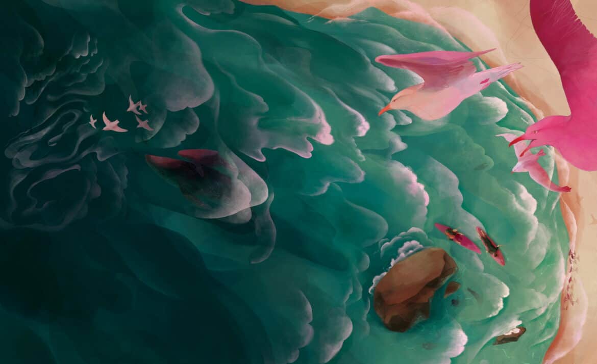 An artistic depiction of rain and clouds with pink flamingos and flying birds, emphasizing the beauty of rainy weather in Oregon. This vibrant artwork highlights nature's resilience and the unique lan.