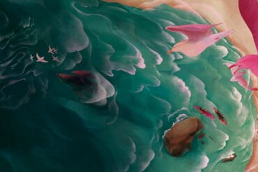 An artistic depiction of rain and clouds with pink flamingos and flying birds, emphasizing the beauty of rainy weather in Oregon. This vibrant artwork highlights nature's resilience and the unique lan.