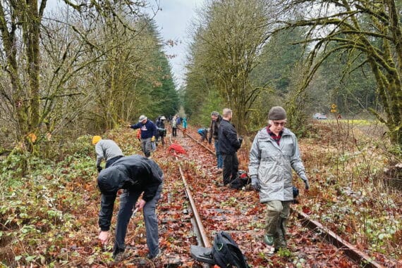 People working on the Salmonberry Trail restoration in a forested area, installing or repairing railway tracks as part of the Oregon trail development.